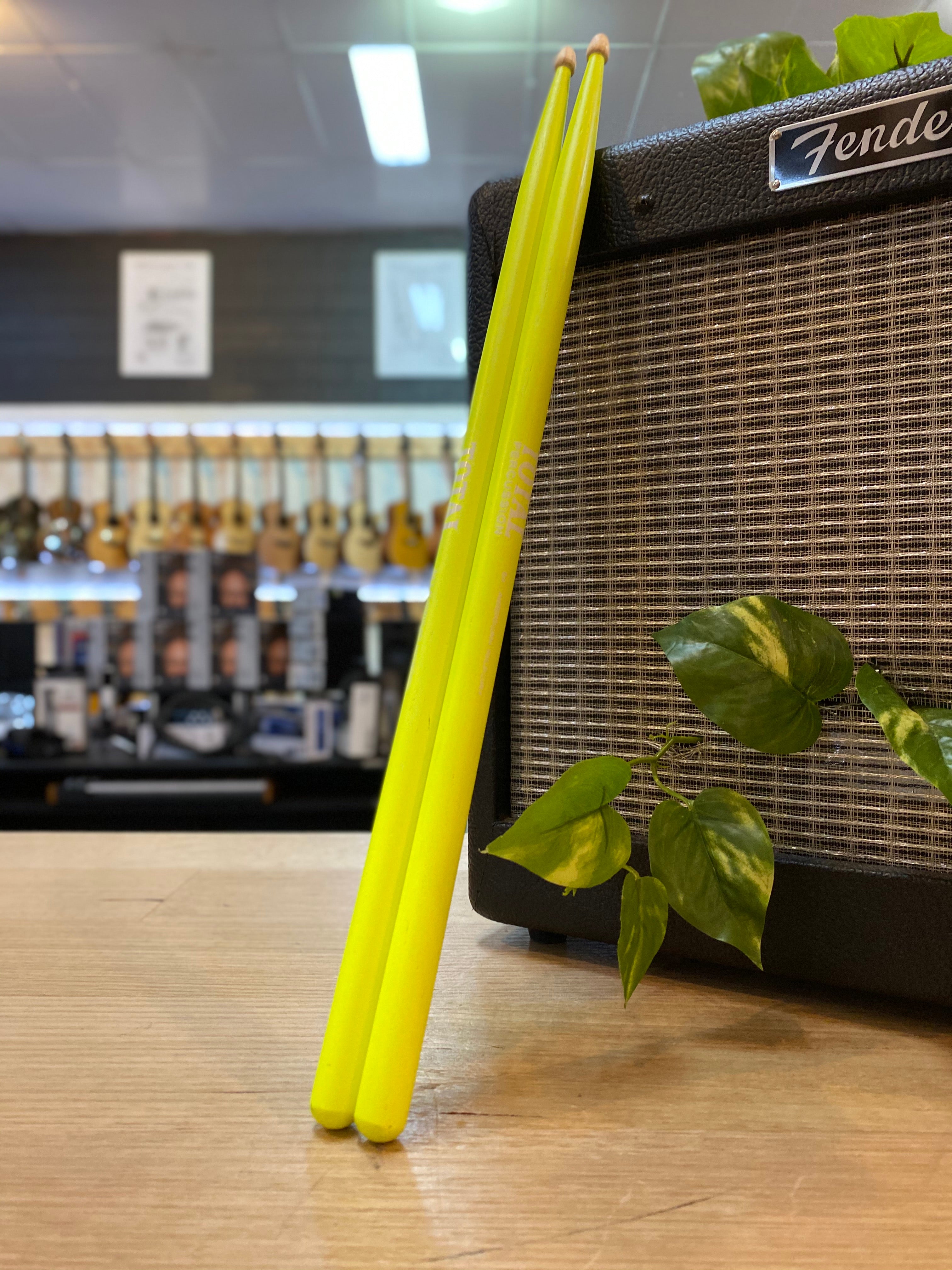 Total Percussion | American Hickory | 5A | Wood Tip | Drum Sticks | Fluro Yellow Total Percussion | American Hickory | 5A | Wood Tip | Drum Sticks | Fluro Yellow